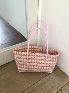 Rosa braune gewebte Tasche grosse Kapazitaet Shopper Einkaufskorb Freizeit Strandtasche Damen