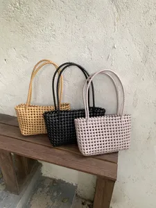 Woven plastic tote bag, summer beach basket purse, casual daily commuter handbag.