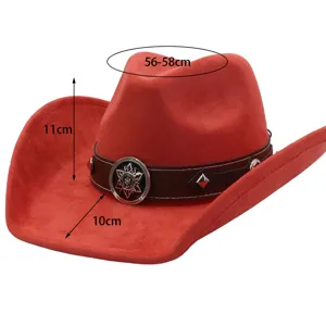 Red suede cowboy hat wide brim fedora vintage jazz hat with metal badge size 56-58cm