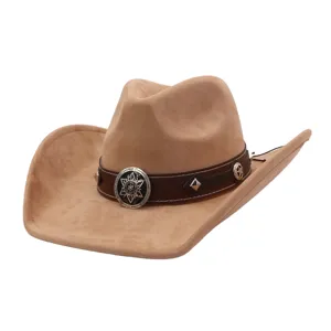 Detailed view of the brown faux suede western cowboy hat with decorative metal concho band.