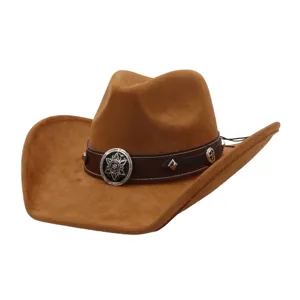 Brown suede wide brim cowboy hat for autumn and winter, retro western jazz hat with metal badge.