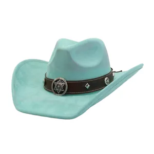Detail view of light blue suede cowboy hat featuring dark brown leather band with silver star conchos.