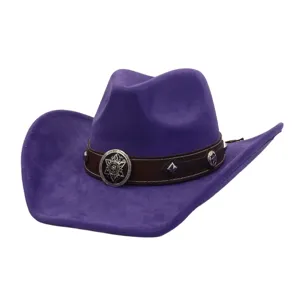 Detailed view of the purple suede cowboy hat featuring a brown decorative band and metal badge.