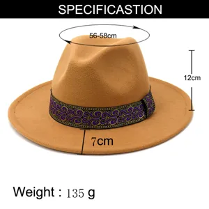 Sombrero fedora de lana clásico para hombres y mujeres, ala ancha estilo jazz, 56-58cm.