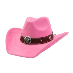 Pink western cowboy hat, soft faux suede wide brim jazz hat with brown band and metal concho.