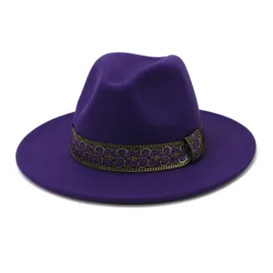 Sombrero fedora de lana morada con banda de patrón negro y oro ala ancha sombrero de jazz