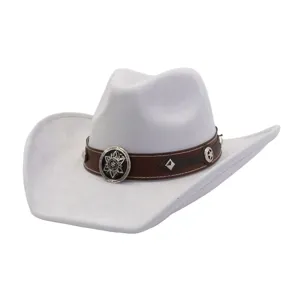 Close-up detail of light grey suede cowboy hat featuring brown leather band and metal conchos.