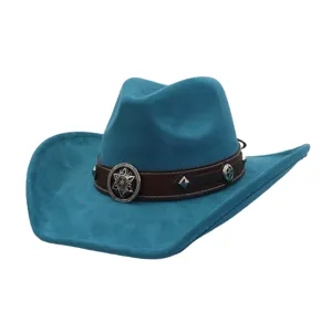 Blue suede western cowboy hat detail shot featuring decorative leather band and metal star charm.
