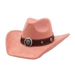 Pink suede western cowboy hat with brown leather band and metal conchos for women.