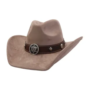Detail view of a stylish brown suede cowboy hat with metallic star badge and leather band.