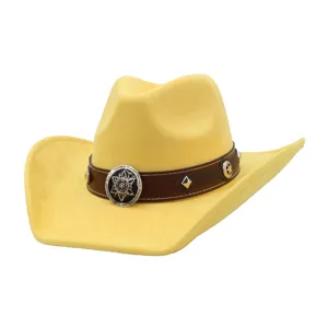 Yellow suede cowboy hat with brown leather band and metal badge for fashion outdoor wear.