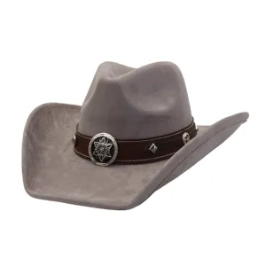 Grey faux suede cowboy hat with brown leather band, metallic star concho and stud accents.