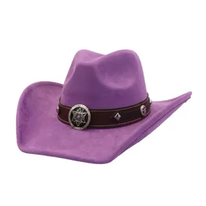 Purple faux suede cowboy hat detail showing retro brown band and decorative metal concho.