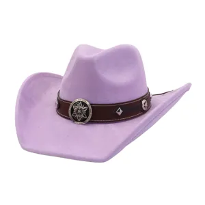 Purple western cowboy hat with brown decorative band and metal concho for women and men.