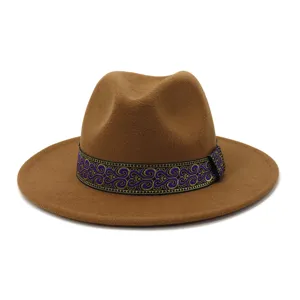 Clásico sombrero fedora de lana marrón para hombre y mujer, ala ancha con elegante cinta morada