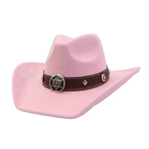 Pink western cowboy hat with brown strap, metal studs and star concho. Soft suede jazz hat.