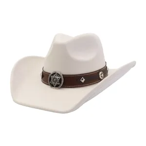 Close-up detail of white faux suede western cowboy hat featuring brown leather band and metal badge.
