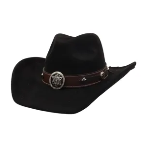 Black suede cowboy hat with brown leather band and metal conchos for autumn winter fashion style