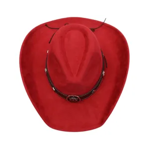 Red suede cowboy hat detail, top view shot showing retro brown band and metallic star buckle.