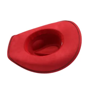 Red suede cowboy hat detail, wide brim jazz hat, soft material, stylish fashion accessory.