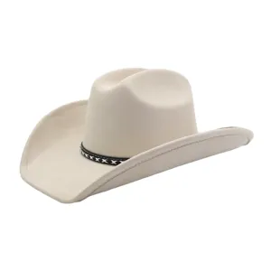 Chapeau de cowboy en suédine beige avec large bord et bande décorative noir-blanc en détail.