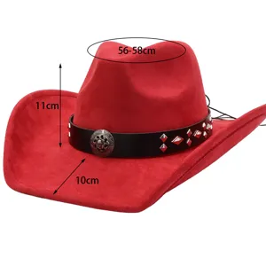 Red suede western cowboy hat with metal stud leather band, 56-58cm head circumference.