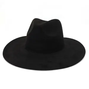 Classic black suede wide-brim fedora hat for men and women, elegant retro winter fashion headwear.