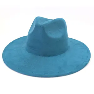 Teal suede fedora hat detail, wide brim gentleman fedora, close up fashion hat view.