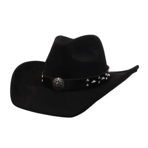 Black suede cowboy hat with studded leather band and vintage metal concho wide brim fedora.