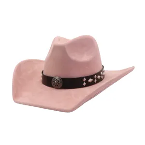 Pink suede cowboy hat detail, wide brim fedora with metal studded leather band design.