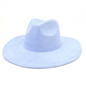 Light blue suede fedora hat wide brim stylish men women couple gentleman hat daily wear