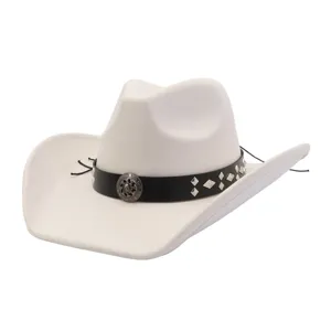 Close-up detail of the white suede cowboy hat with black studded band and metal skull buckle.