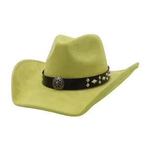 Green suede cowboy hat wide brim jazz cap with black studded band for women and men.