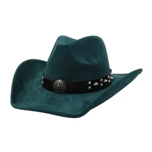 Dark green suede cowboy hat for women men, wide brim vintage western jazz hat with rivet band.