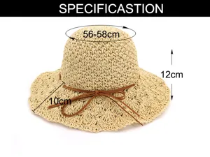 Women handmade crochet straw hat summer beach sun hat hollow out ribbon bow detail size