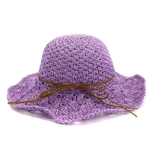 Purple handmade crochet straw hat with brown ribbon bow, foldable wide brim sun beach hat.