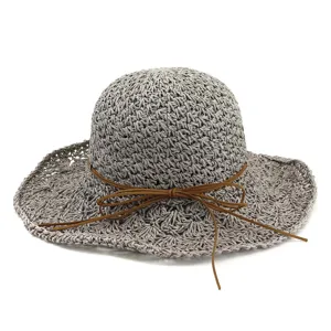Women summer crochet straw hat hollow sun hat foldable wide brim beach hat grey detail