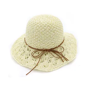 Summer handmade crochet straw hat for women, wide brim hollow sun hat, foldable beach cap.