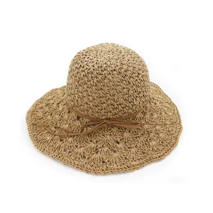 Women Summer Straw Hat Handcrafted Crochet Hollow Out Sun Hat Foldable Wide Brim Beach Hat Casual Vacation Headwear