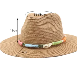 Detailed view of summer straw fedora hat, colorful braided band, 56-58cm head circumference.