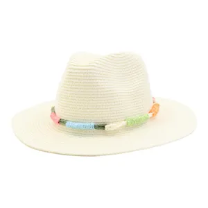 Summer straw fedora sun hat with colorful braided rope band for outdoor beach travel style.