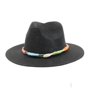 Detailed view of the black straw fedora hat featuring a stylish colorful woven rope trim.