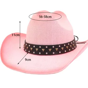 Pink straw cowboy hat with studded band, wide brim summer sun hat for men and women 56-58cm