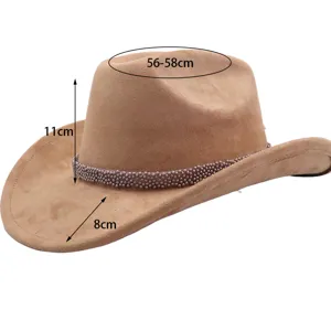 Chapeau de cowboy western en faux suède marron avec bande de perles, taille 56-58cm.