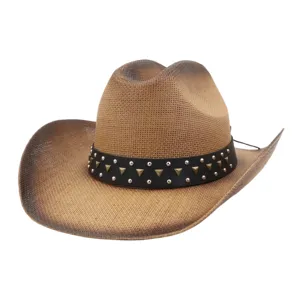 Detailed view of the woven straw cowboy hat with black studded band and curved brim.