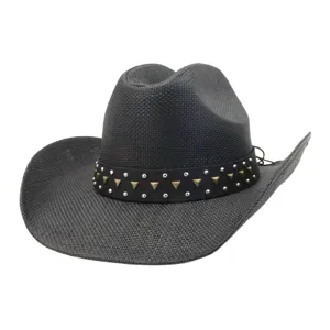 Black woven cowboy hat detail, stylish metal studded band, wide brim summer sun hat.