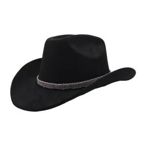 Chapeau de cowboy occidental en daim noir avec bande de perles, fedora jazz style et élégant.