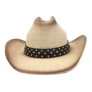 Classic western cowboy straw hat with studded black band, wide brim summer sun protection.