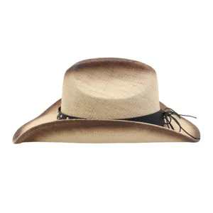 Detailed view of the western cowboy straw hat with gradient brown brim and black stud belt.
