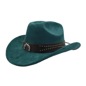 Dunkelgrüner western Wildleder Cowboyhut mit Metall Nieten und Pistolen Detail Element